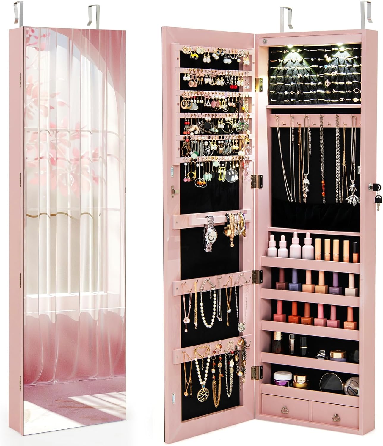 Giantex Wall Door Mounted Jewelry Armoire Cabinet with 47.5" H Full Length Mirror, 2 LEDs Lockable Jewelry Organizer Box with Bracelet Rod, 2 Drawers, Large Storage Capacity (Black)