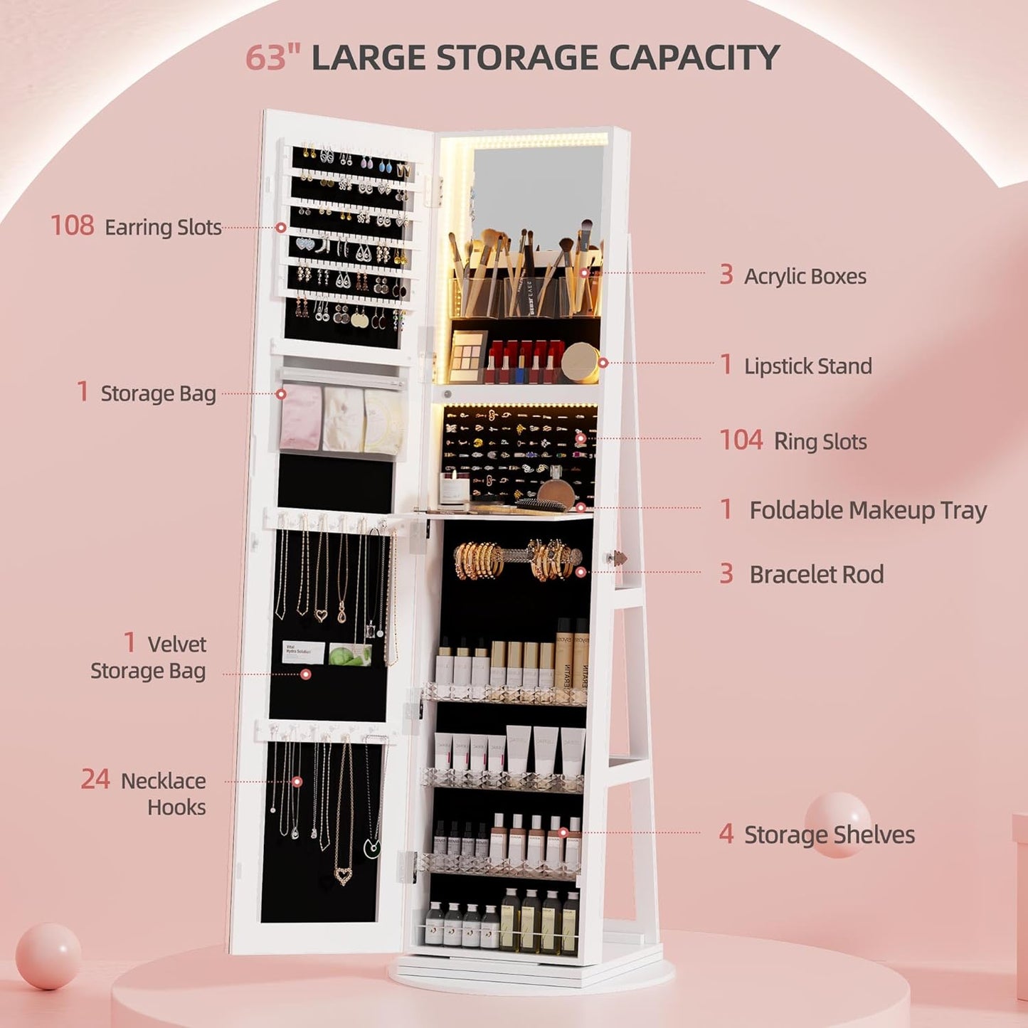 Full-Length Mirror Jewelry Cabinet with LED Lights, Lockable Jewelry Organizer with Mirror, 360° Swivel Wooden Jewelry Armoire, Standing Organizer for Women and Girls