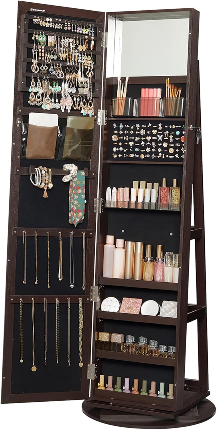 SONGMICS 360° Swivel Jewelry Cabinet, Lockable Jewelry Organizer with Full-Length Mirror, Rear Storage Shelves, Interior Mirror, Jewelry Armoire, Gift Idea, Rustic Brown UJJC006X01