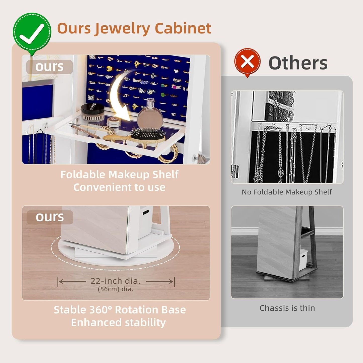 Full-Length Mirror Jewelry Cabinet with LED Lights, Lockable Jewelry Organizer with Mirror, 360° Swivel Wooden Jewelry Armoire, Standing Organizer for Women and Girls