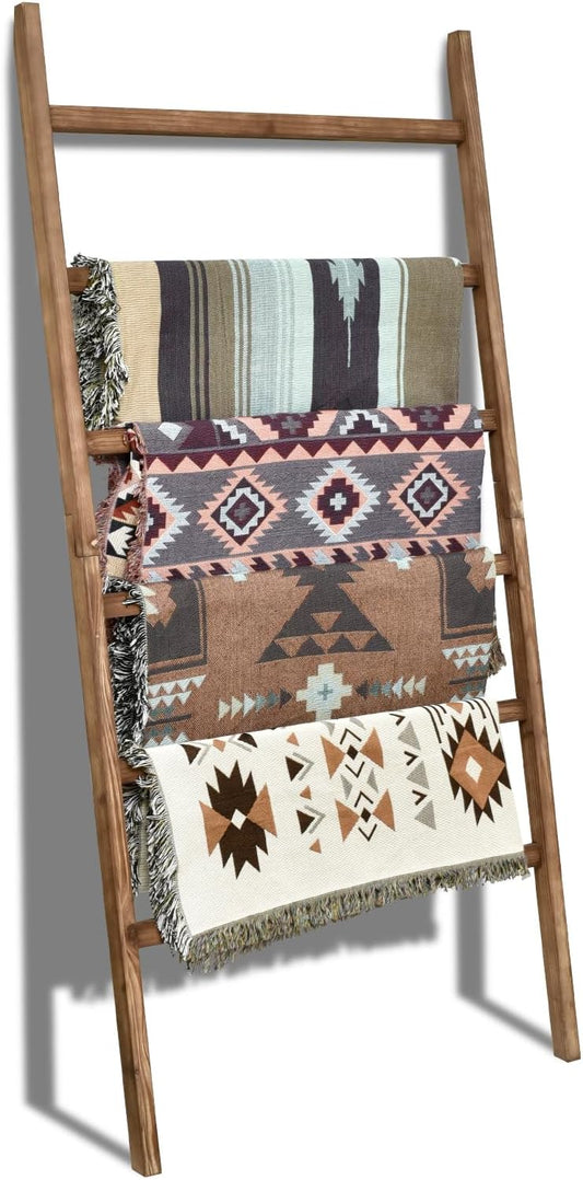 FUIN Extra Wide 6.4ft Wooden Blanket Ladder Living Room Decorative Wal Leaning Farmhouse Quilt Display Holder Rustic Wood Towel Rack for Bathroom, Brown, 38 inch Wide