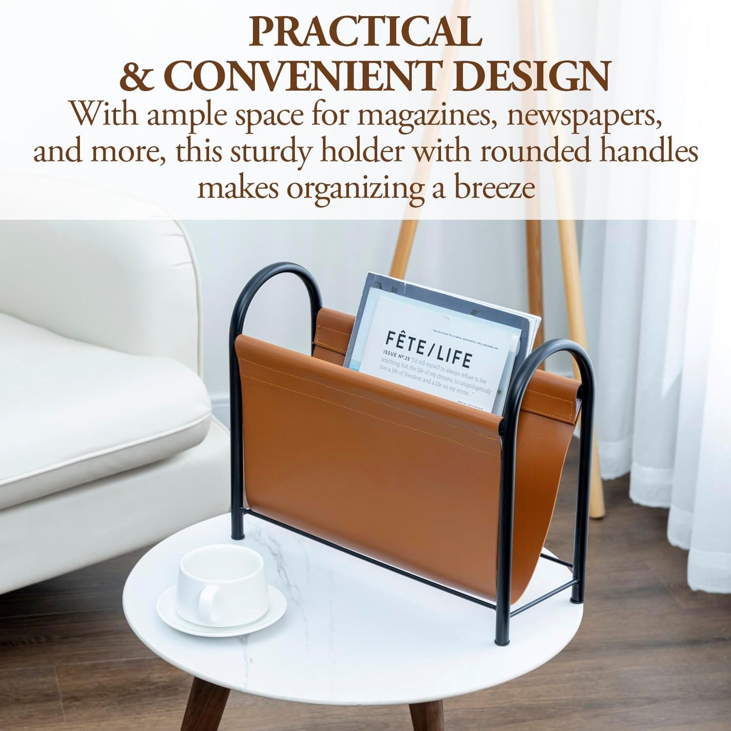 MyGift 15 Inch Modern Caramel Leatherette and Black Metal Magazine Holder with Round Handles, Floor Standing Faux Leather Book Storage Newspaper Rack, Home Bathroom Decor