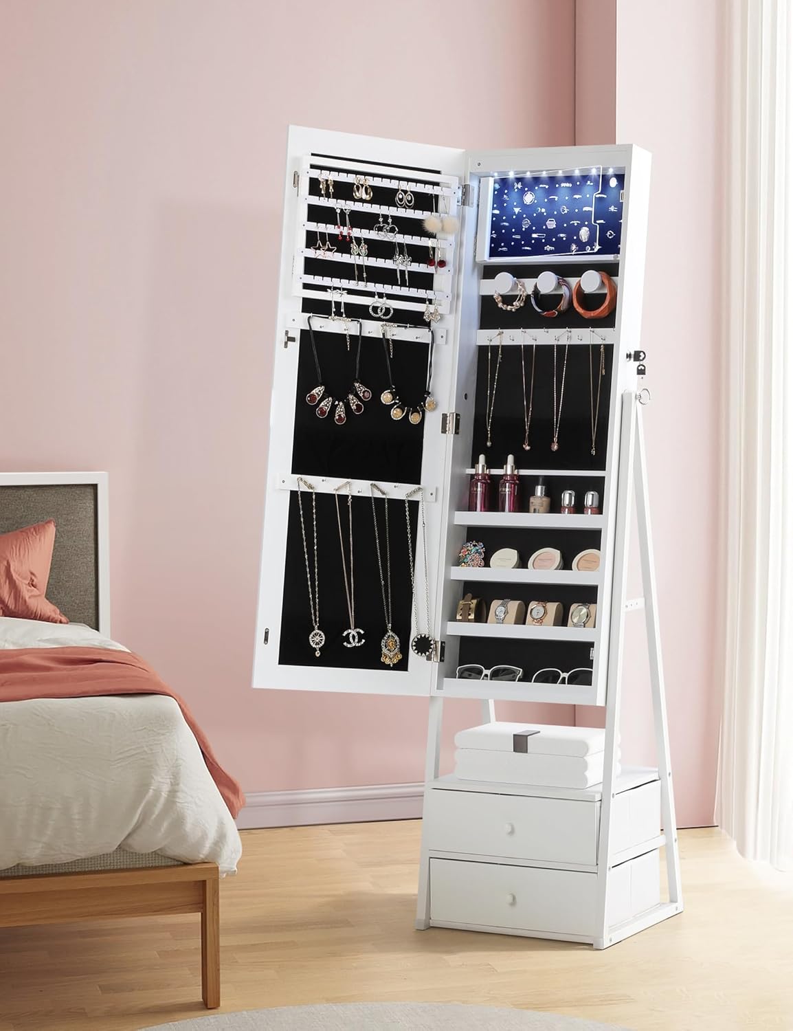 Nicetree LED Jewelry Cabinet Armoire with 2 Drawers, Lockable Standing Mirror Jewelry Cabinet, Full Length Mirror with Jewelry Storage, Christmas Gifts, White