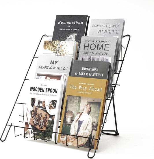 Wire Magazine Rack with 4 Open Tiers Book Signing Rack Tabletop Display Stand Holds Both Magazines and Brochures Display Rack Wire - Black