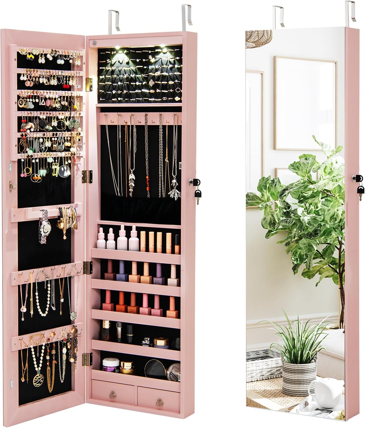 NAFORT 2 LEDs Mirror Jewelry Cabinet, 47.5-Inch Tall Wall or Door Mounted Jewelry Organizers and Storage with Frameless Full-length Mirror, Lockable Jewelry Armoire with 2 Drawers, Espresso