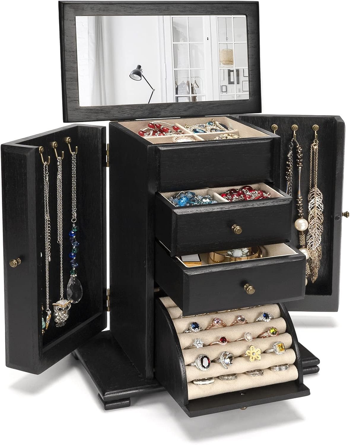 Standing Jewelry Armoire, 7 Drawers & 2 Side Doors Jewelry Amoire Cabinet Standing with Top Flip Makeup Mirror, Jewelry Chest Jewelry Boxes