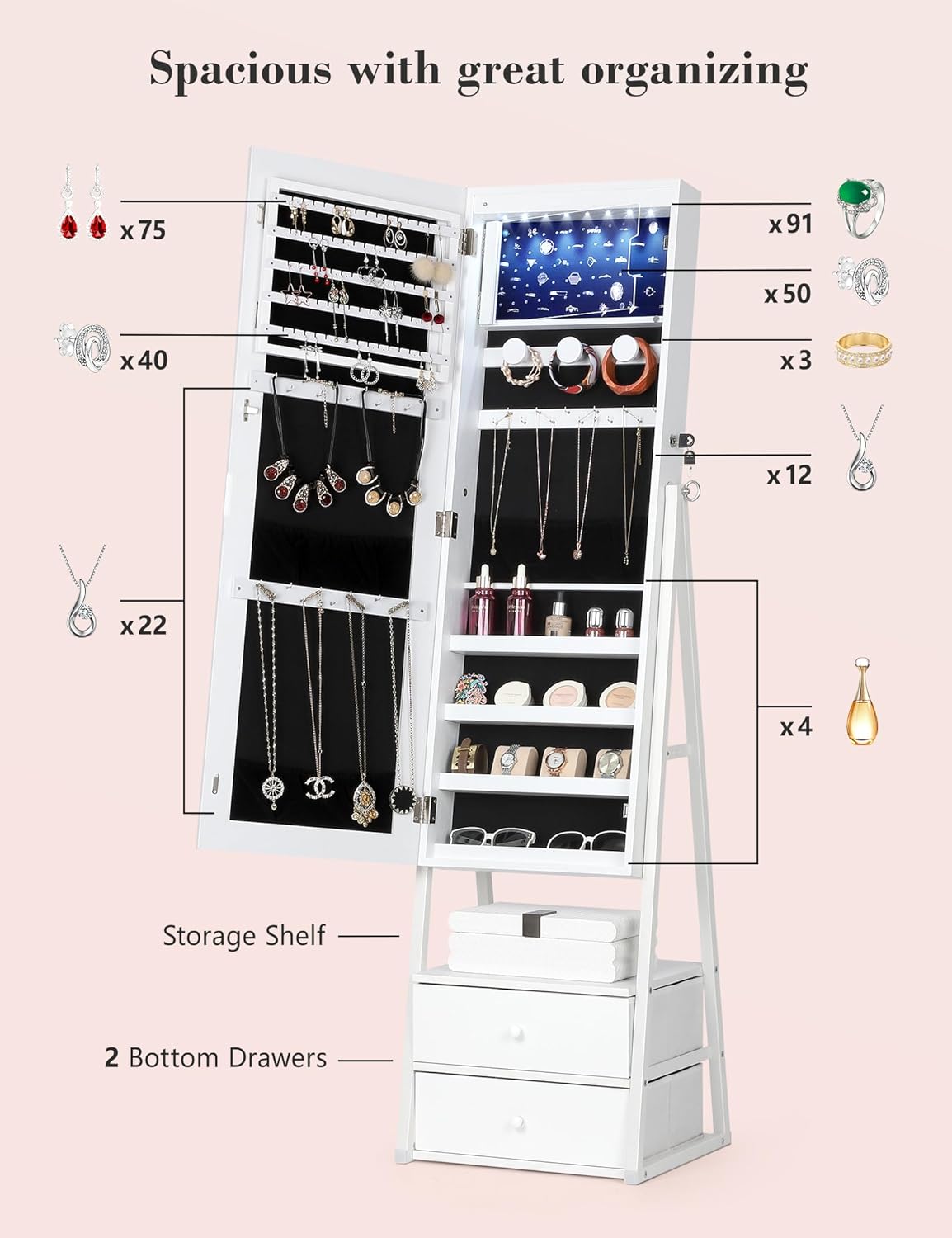 Nicetree LED Jewelry Cabinet Armoire with 2 Drawers, Lockable Standing Mirror Jewelry Cabinet, Full Length Mirror with Jewelry Storage, Christmas Gifts, White