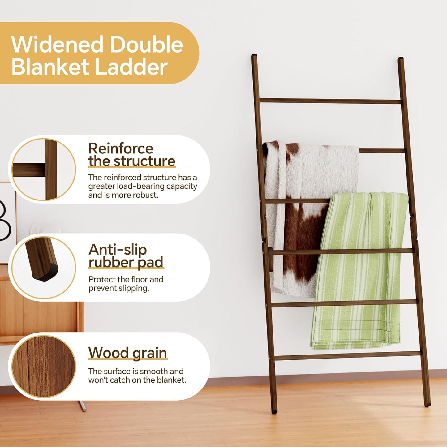 6-Tier Wide Double Blanket Ladder Wood, Rustic Decorative Towel Rack for Big Blanket, Towel, Quilt, Clothes, Freestanding Blanket Holder Towel Ladder Decor Stand for Living Room, Bedroom, Brown