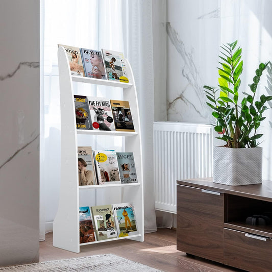 Magazine Display Rack,4 Tiered Book Floor Stand, Floor-Standing Flyer Holder Brochure Display Stand Floor, Catalog Literature Display Rack Leaflet Coupon Stand for Home, Office,Trade, Shopping Malls White