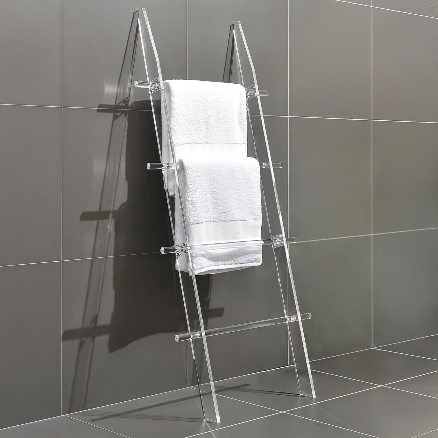 Blanket Ladder for Living Room and Bedroom, 4 Tier Transparent Anti Slip Wall Leaning Towel Rack, Waterproof Blanket Towel Rack, Quilt Shelf, Easy Assembly