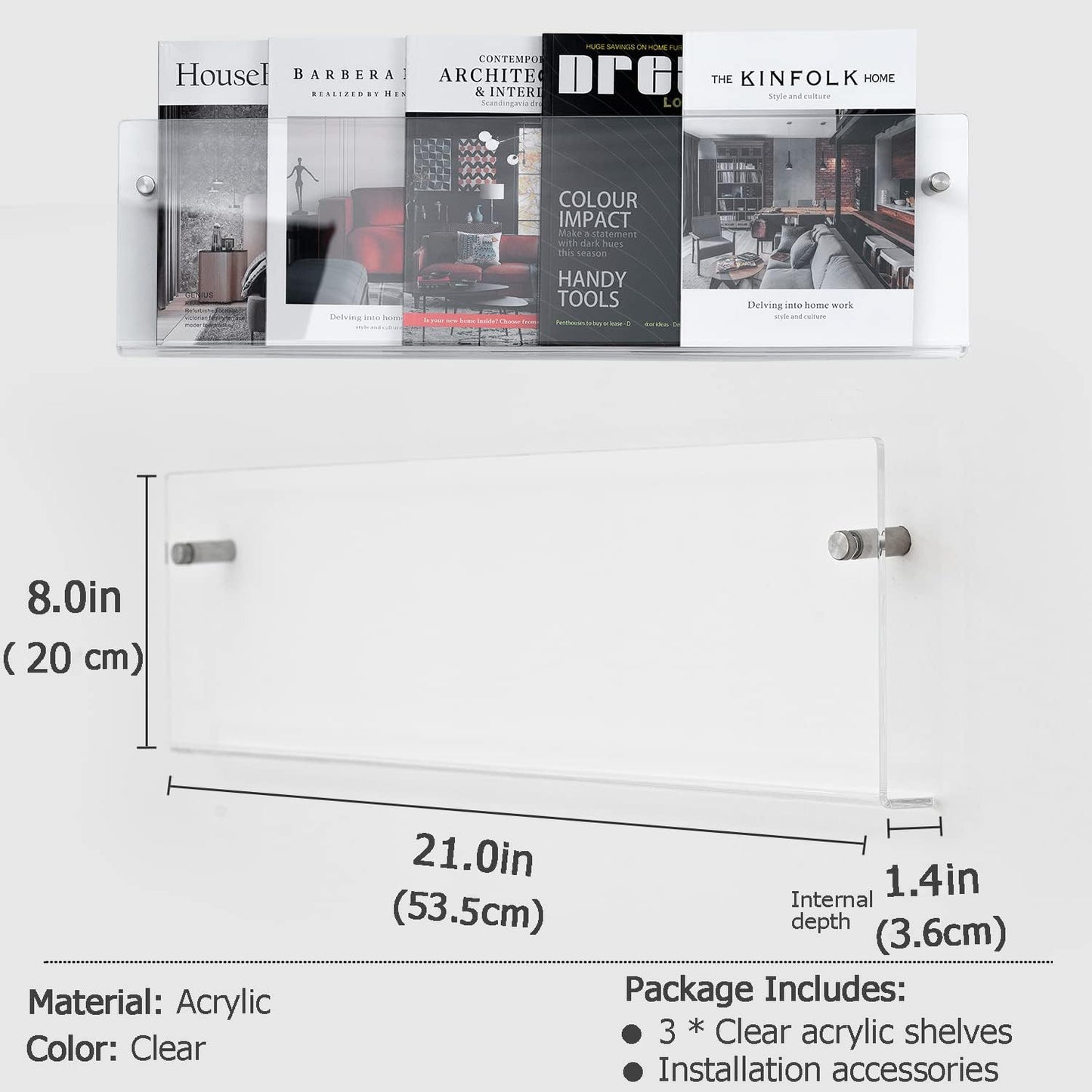Clear Acrylic Brochure Holder Wall Mount 3 Tier, Hanging Bookshelf Magazine Rack Literature Storage Rack for Waiting Room, Living Room, Office, Home Display