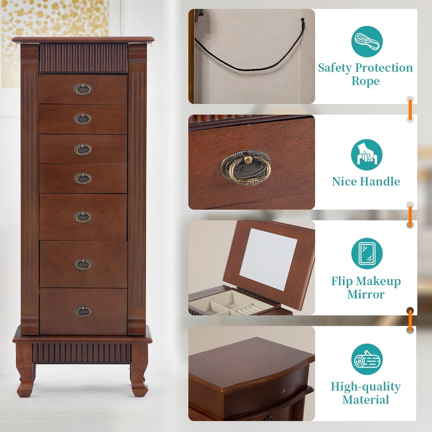 PayLessHere Wooden Jewelry Cabinet Jewelry Organizer Cosmetic Storage Cosmetic Armoire with 2 Side Doors 7 Drawers and Flip-Top Mirror for Makeup