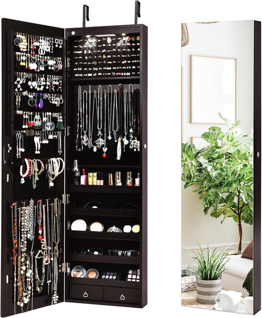 NAFORT 2 LEDs Mirror Jewelry Cabinet, 47.5-Inch Tall Wall or Door Mounted Jewelry Organizers and Storage with Frameless Full-length Mirror, Lockable Jewelry Armoire with 2 Drawers, Espresso