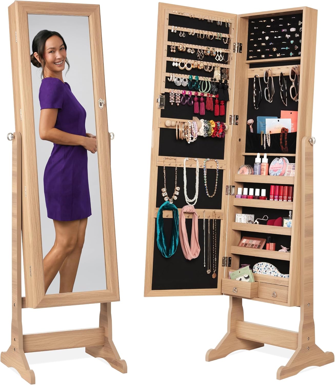 Best Choice Products Freestanding Jewelry Armoire Cabinet, Full Length Standing Mirror, Lockable Makeup Storage Organizer, w/Velvet Lining, 3 Angles, Lock, Accessory Pouch, 5 Shelves - White