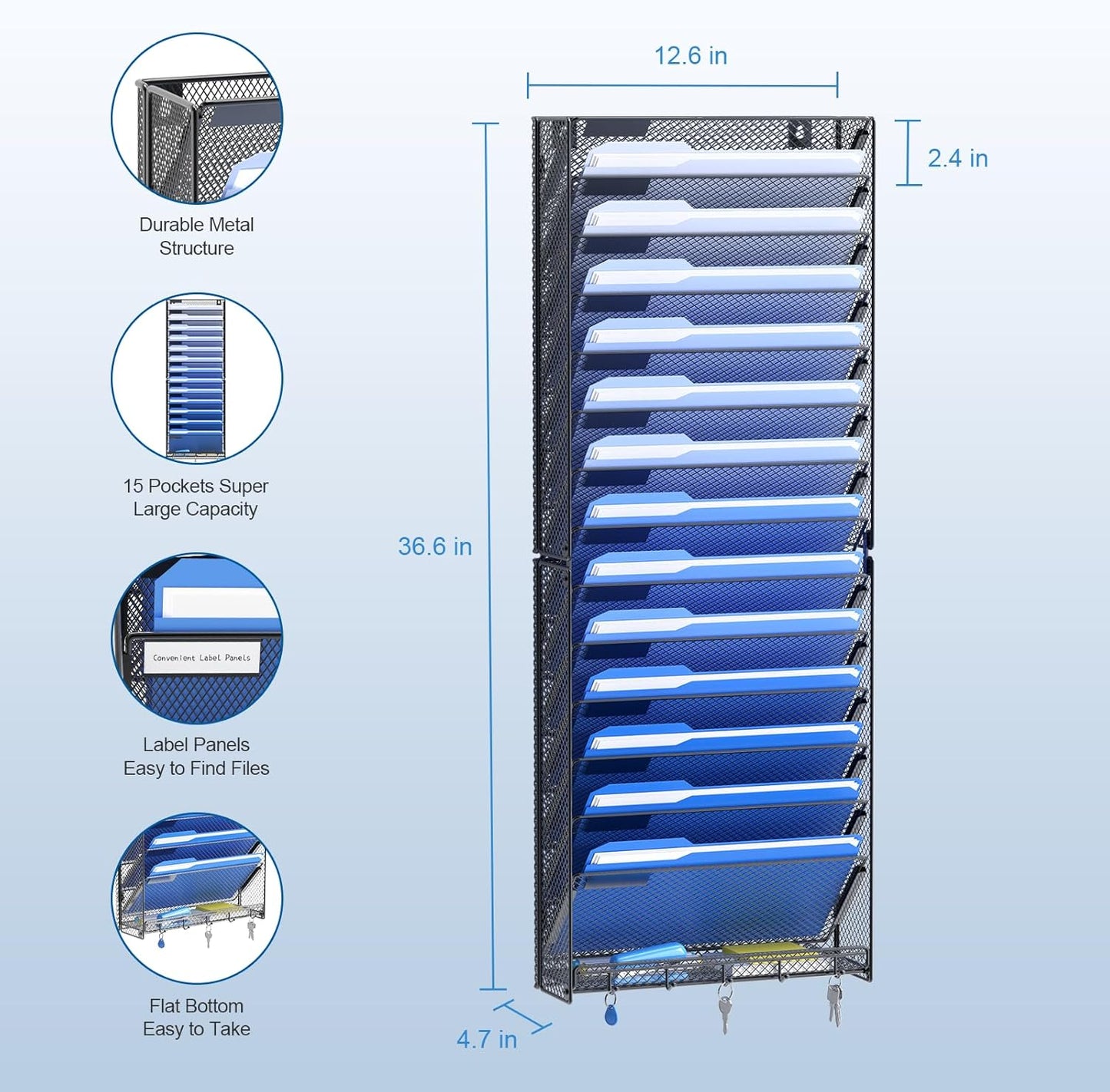OUTWOLF 15 Tier Wall File Organizer with Hooks, Hanging Wall File Holder Wall Mount Paper Folder Organizer for Office, Magazine Rack