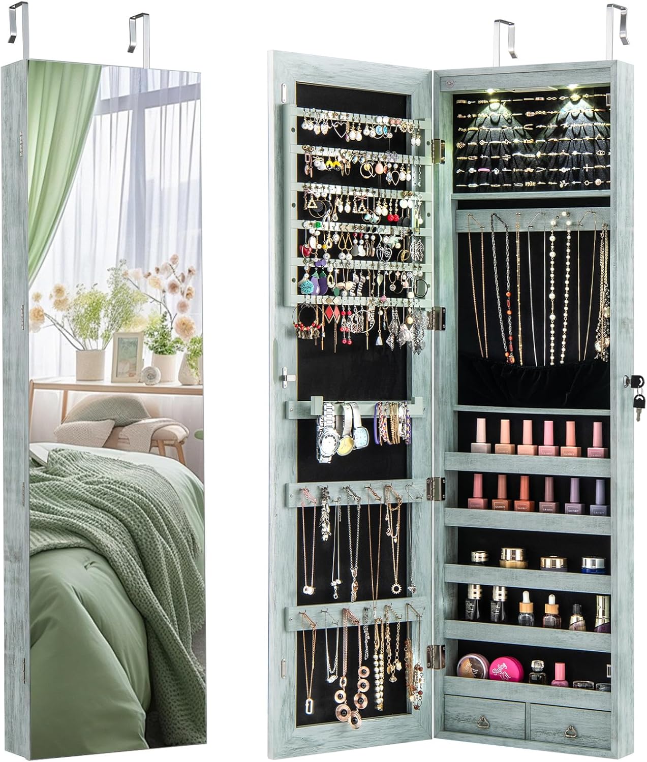 Giantex Wall Door Mounted Jewelry Armoire Cabinet with 47.5" H Full Length Mirror, 2 LEDs Lockable Jewelry Organizer Box with Bracelet Rod, 2 Drawers, Large Storage Capacity (Black)