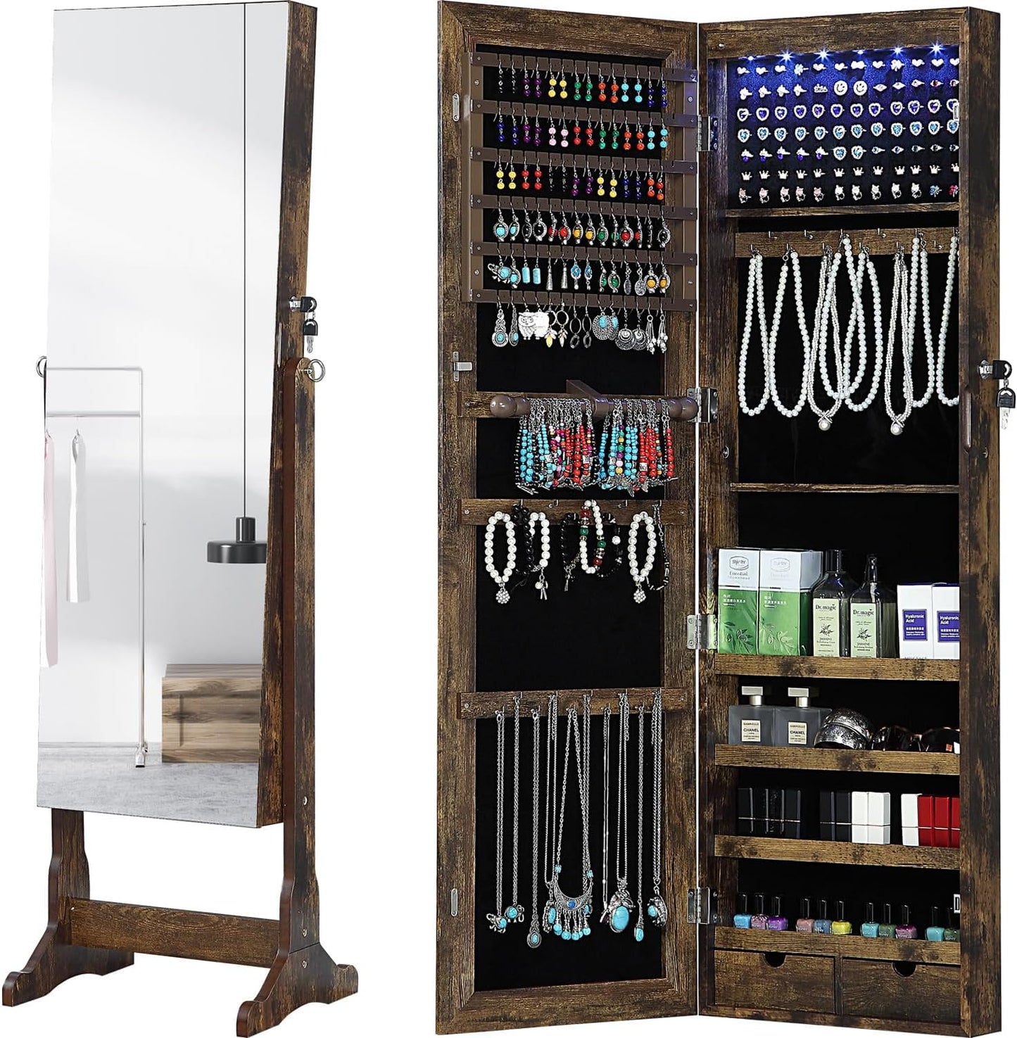 GISSAR Jewelry Organizer Full Length Mirror Jewelry Cabinet Standing/Wall/Hanging Door Jewelry Armoire Storage with Lights, Lockable, White