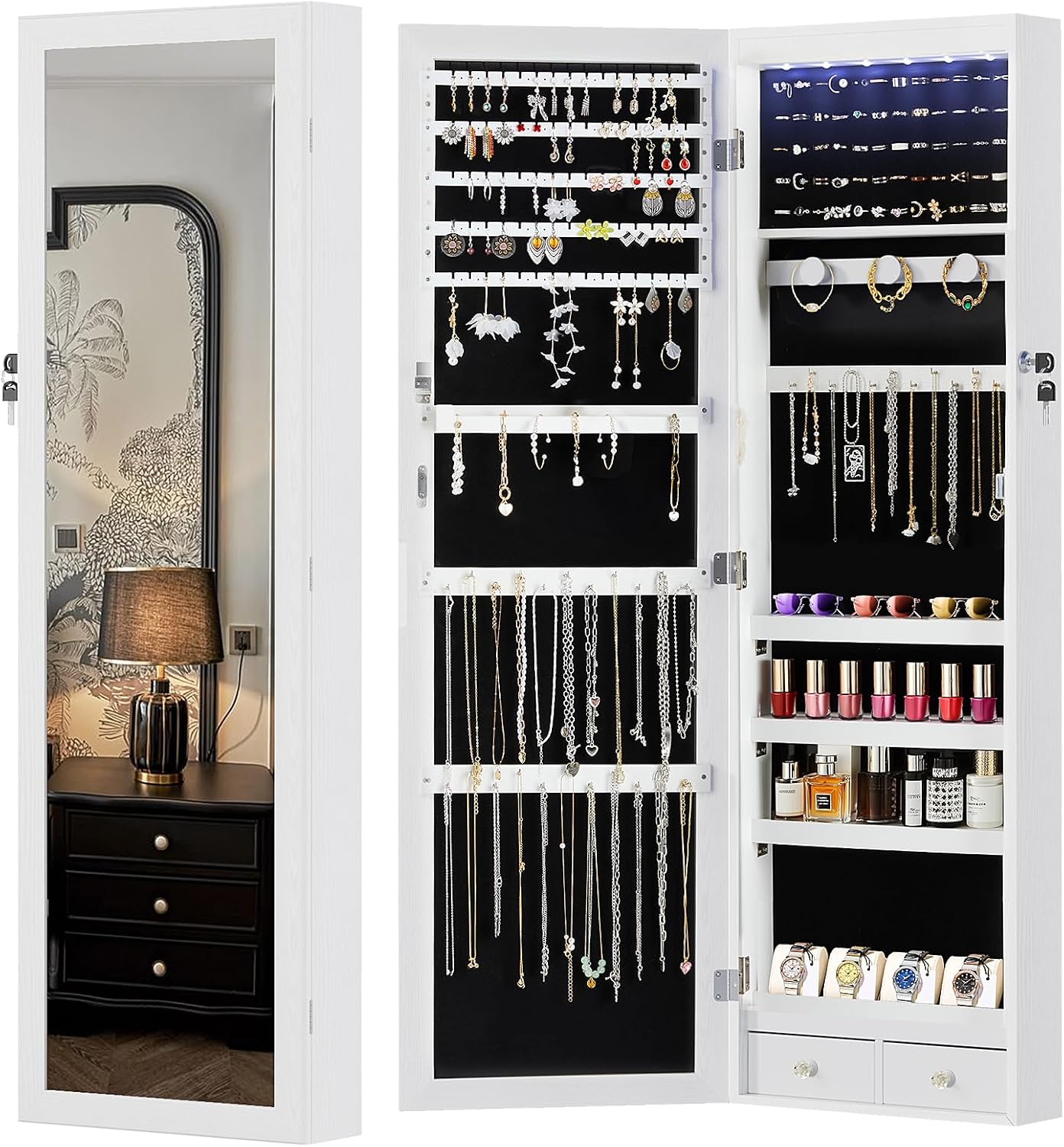 DUMOS 6 LEDs Mirror Jewelry Cabinet, Wall or Door Mounted Jewelry Organizer, 47.2-Inch Tall Lockable Large Capacity Cosmetic Storage, Gift Idea, White