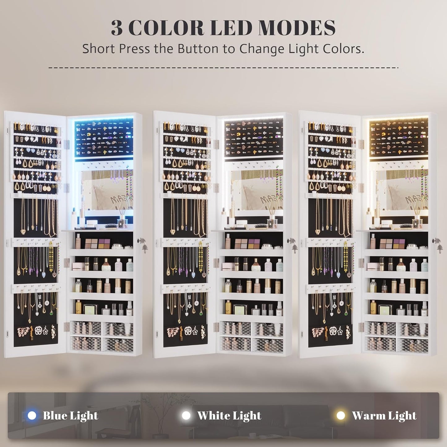 Vlsrka 47.2" LED Jewelry Mirror Cabinet, Wall/Door Mounted Jewelry Armoire Organizer with Full Length Mirror, Large Storage Hanging Cabinet, 4 Drawers, 5 Shelves, Built-in Lighted Mirror (White)
