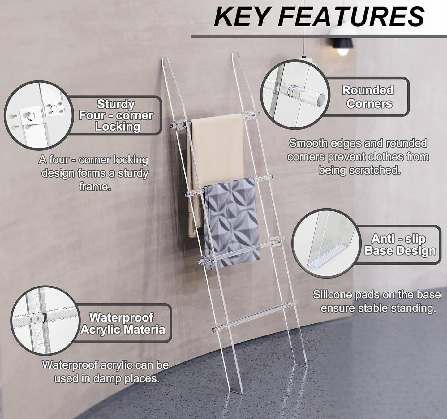 Blanket Ladder for Living Room and Bedroom, 4 Tier Transparent Anti Slip Wall Leaning Towel Rack, Waterproof Blanket Towel Rack, Quilt Shelf, Easy Assembly