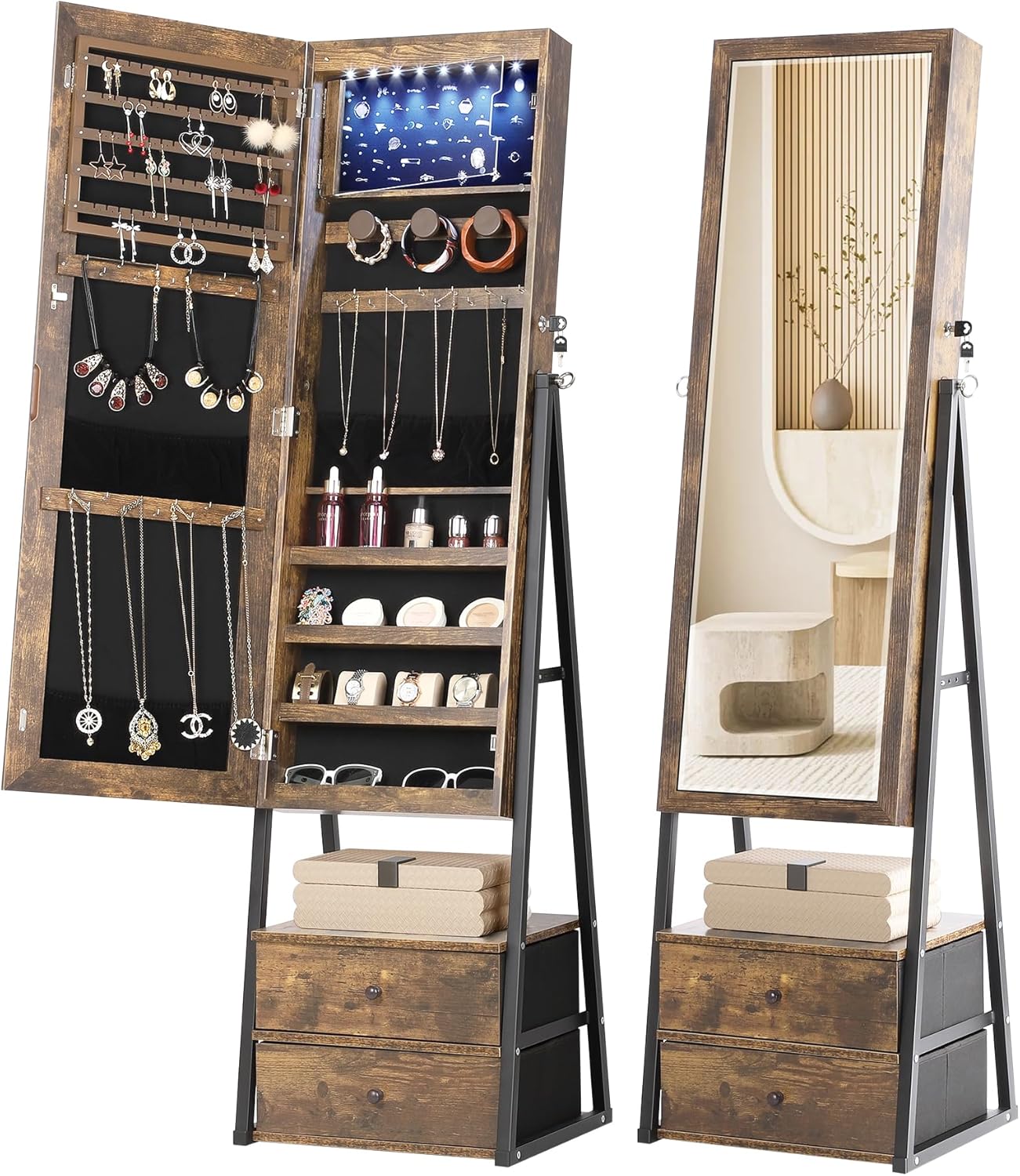 Nicetree LED Jewelry Cabinet Armoire with 2 Drawers, Lockable Standing Mirror Jewelry Cabinet, Full Length Mirror with Jewelry Storage, Christmas Gifts, White
