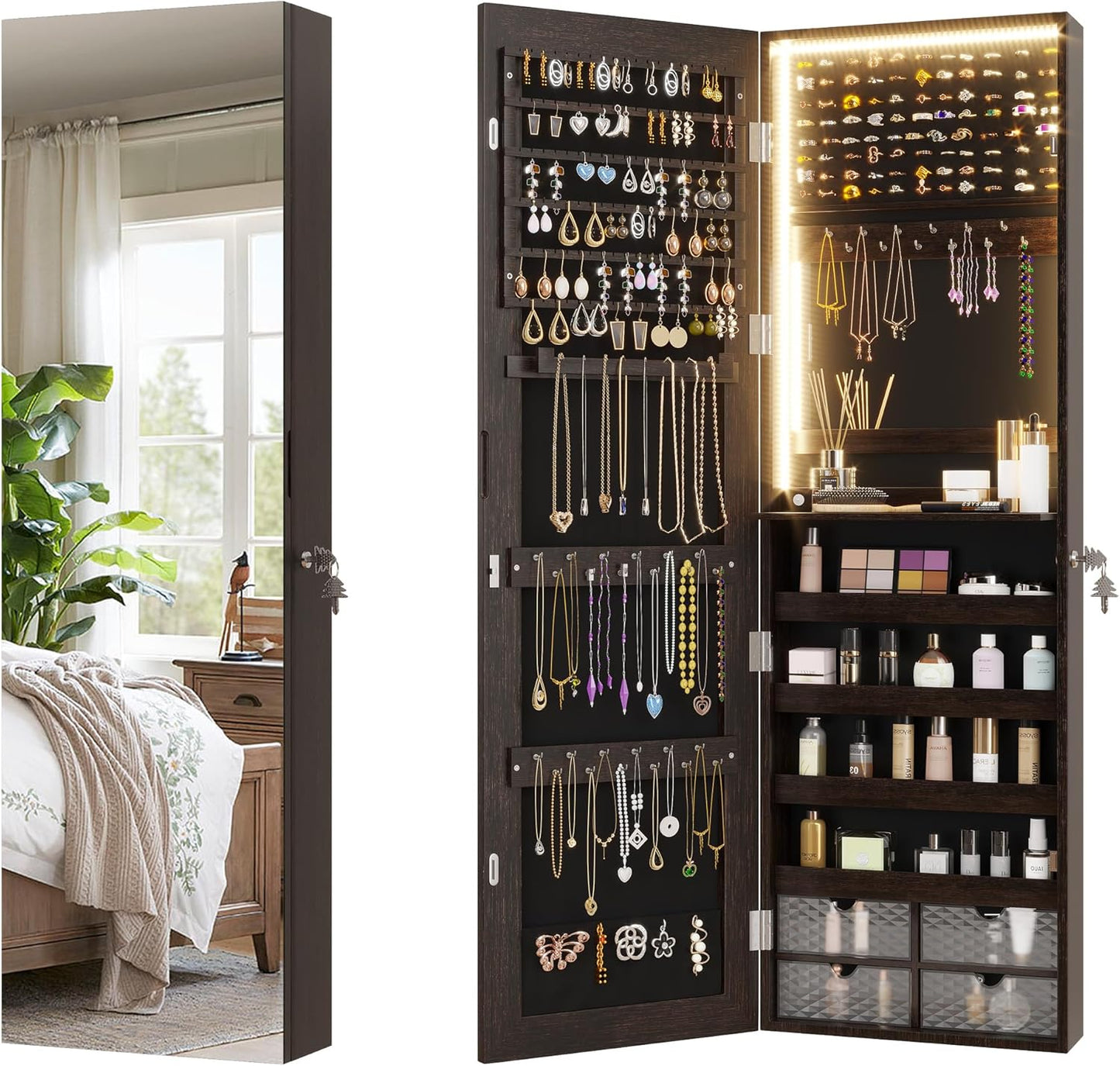 Vlsrka 47.2" LED Jewelry Mirror Cabinet, Wall/Door Mounted Jewelry Armoire Organizer with Full Length Mirror, Large Storage Hanging Cabinet, 4 Drawers, 5 Shelves, Built-in Lighted Mirror (White)