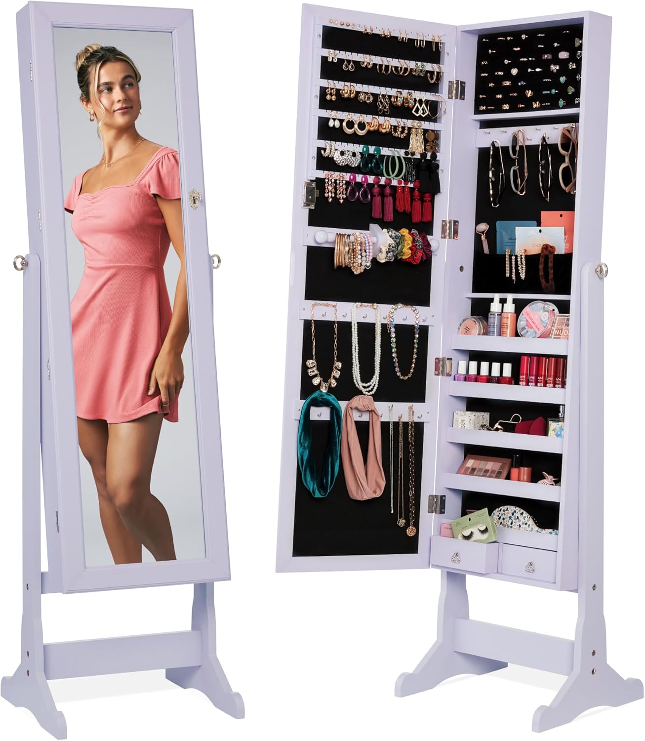 Best Choice Products Freestanding Jewelry Armoire Cabinet, Full Length Standing Mirror, Lockable Makeup Storage Organizer, w/Velvet Lining, 3 Angles, Lock, Accessory Pouch, 5 Shelves - White