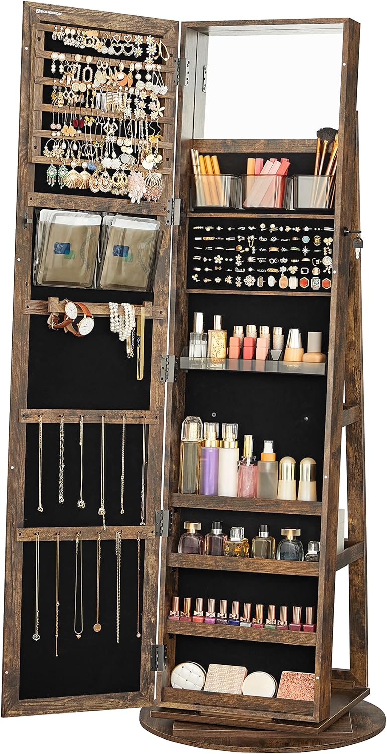 SONGMICS 360° Swivel Jewelry Cabinet, Lockable Jewelry Organizer with Full-Length Mirror, Rear Storage Shelves, Interior Mirror, Jewelry Armoire, Gift Idea, Rustic Brown UJJC006X01