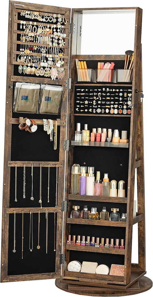 SONGMICS 360° Swivel Jewelry Cabinet, Lockable Jewelry Organizer with Full-Length Mirror, Rear Storage Shelves, Interior Mirror, Jewelry Armoire, Gift Idea, Rustic Brown UJJC006X01
