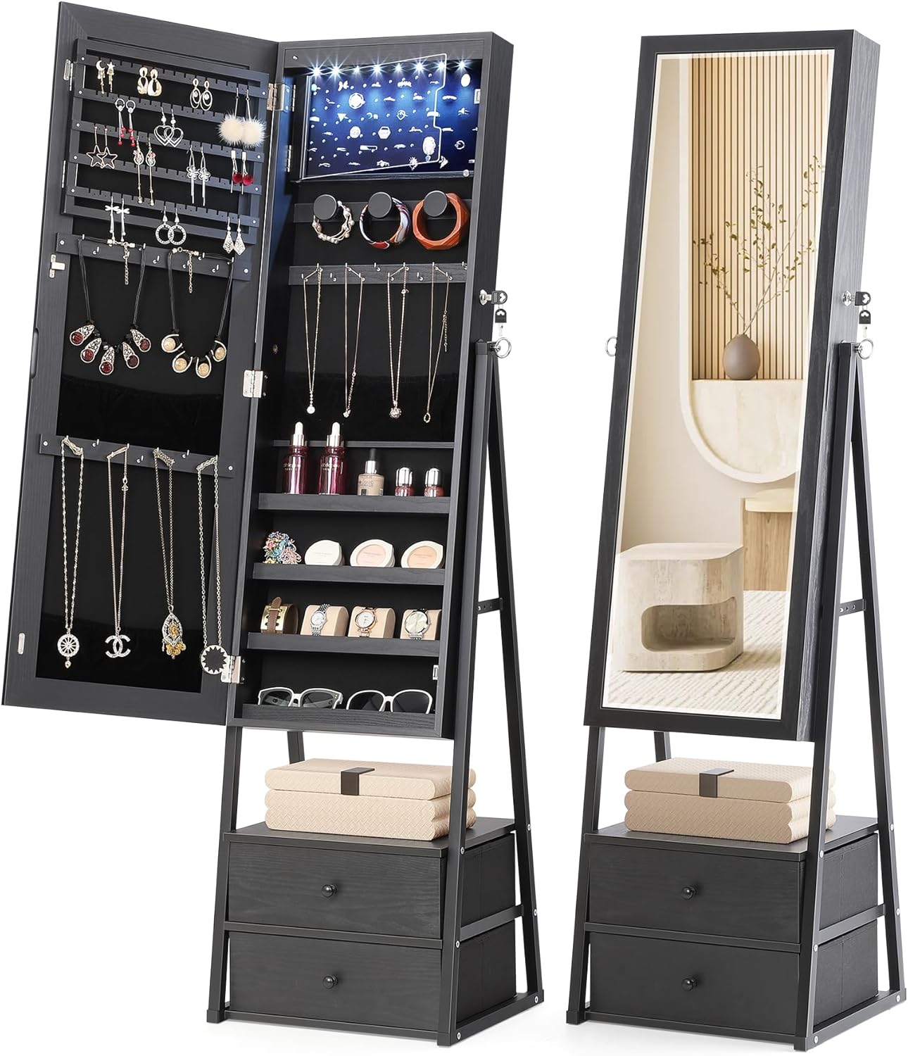 Nicetree LED Jewelry Cabinet Armoire with 2 Drawers, Lockable Standing Mirror Jewelry Cabinet, Full Length Mirror with Jewelry Storage, Christmas Gifts, White