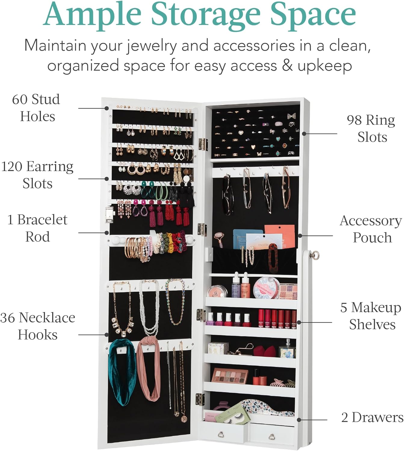 Best Choice Products Freestanding Jewelry Armoire Cabinet, Full Length Standing Mirror, Lockable Makeup Storage Organizer, w/Velvet Lining, 3 Angles, Lock, Accessory Pouch, 5 Shelves - White