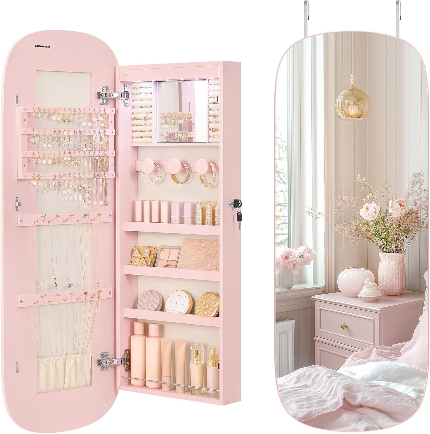 SONGMICS Jewelry Organizer, LED Jewelry Cabinet Wall/Door Mounted, Lockable Rounded Wide Mirror with Storage, Interior Mirror, 3.9 x 16.5 x 42.5 Inches, White Surface with Greige Lining
