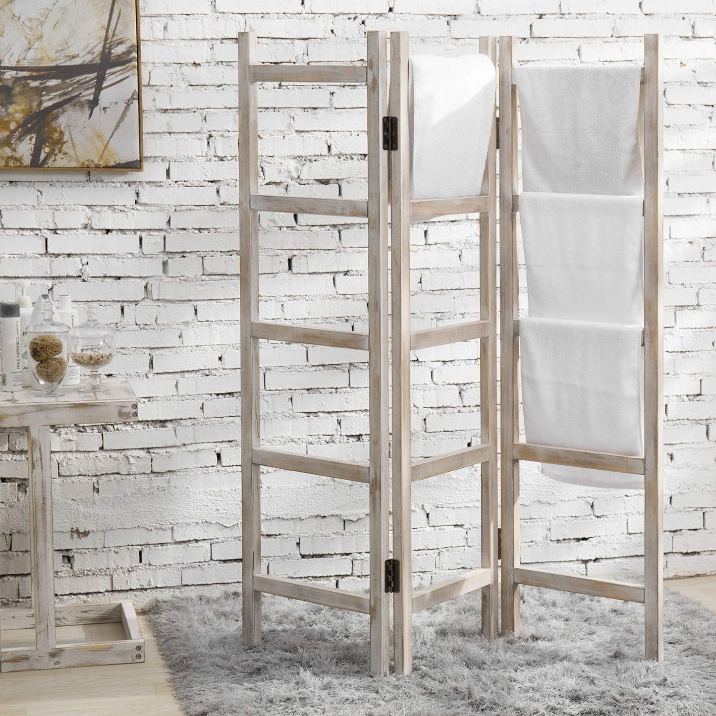 MyGift 3 Panel Solid Burnt Wood Blanket Ladder and Towel Rack, Decorative Free Standing Folding Room Divider for Blankets, Quilts, Throws, Towels, Clothing