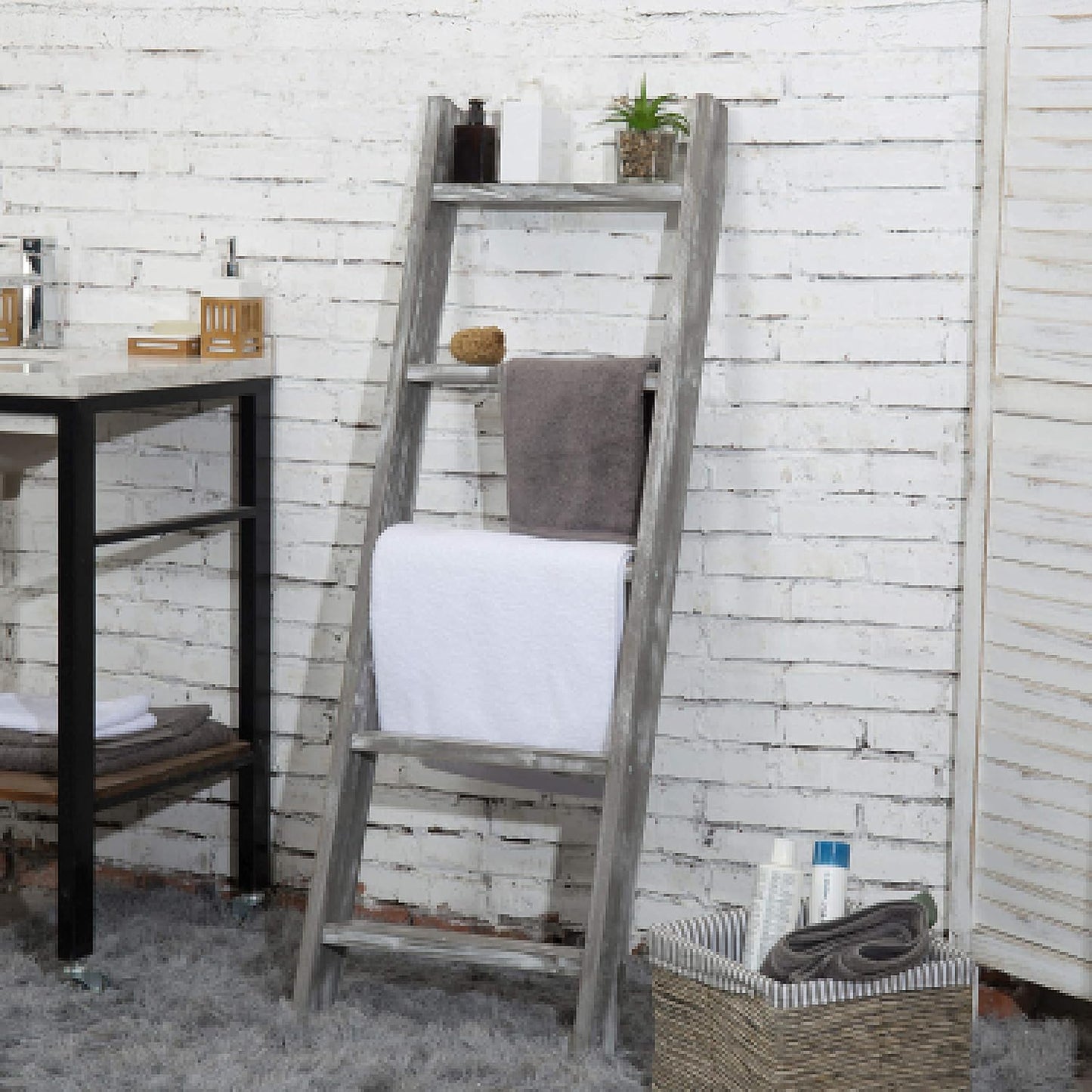 MyGift Wall-Leaning Rustic Gray with White Finish Wood Ladder-Style Blanket Rack Vintage Grey Wood & Industrial Metal Pipe Wall Mounted Ladder Rack, 46 Inch Towel Shelve
