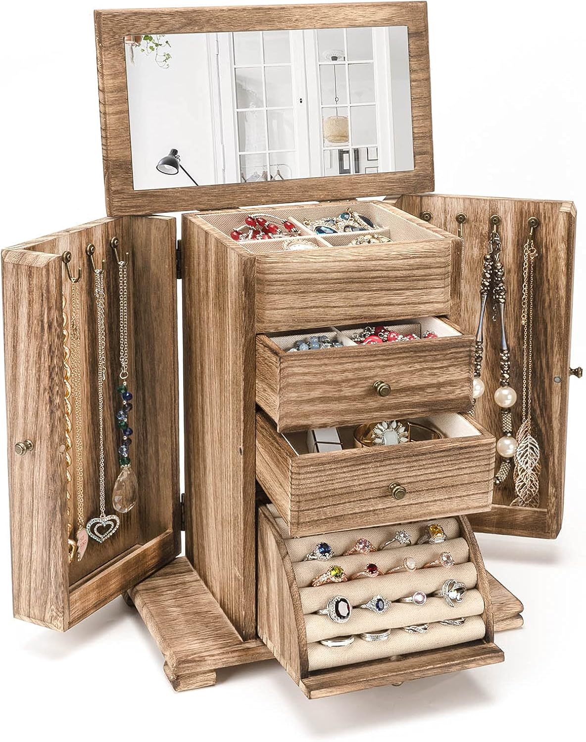 Standing Jewelry Armoire, 7 Drawers & 2 Side Doors Jewelry Amoire Cabinet Standing with Top Flip Makeup Mirror, Jewelry Chest Jewelry Boxes