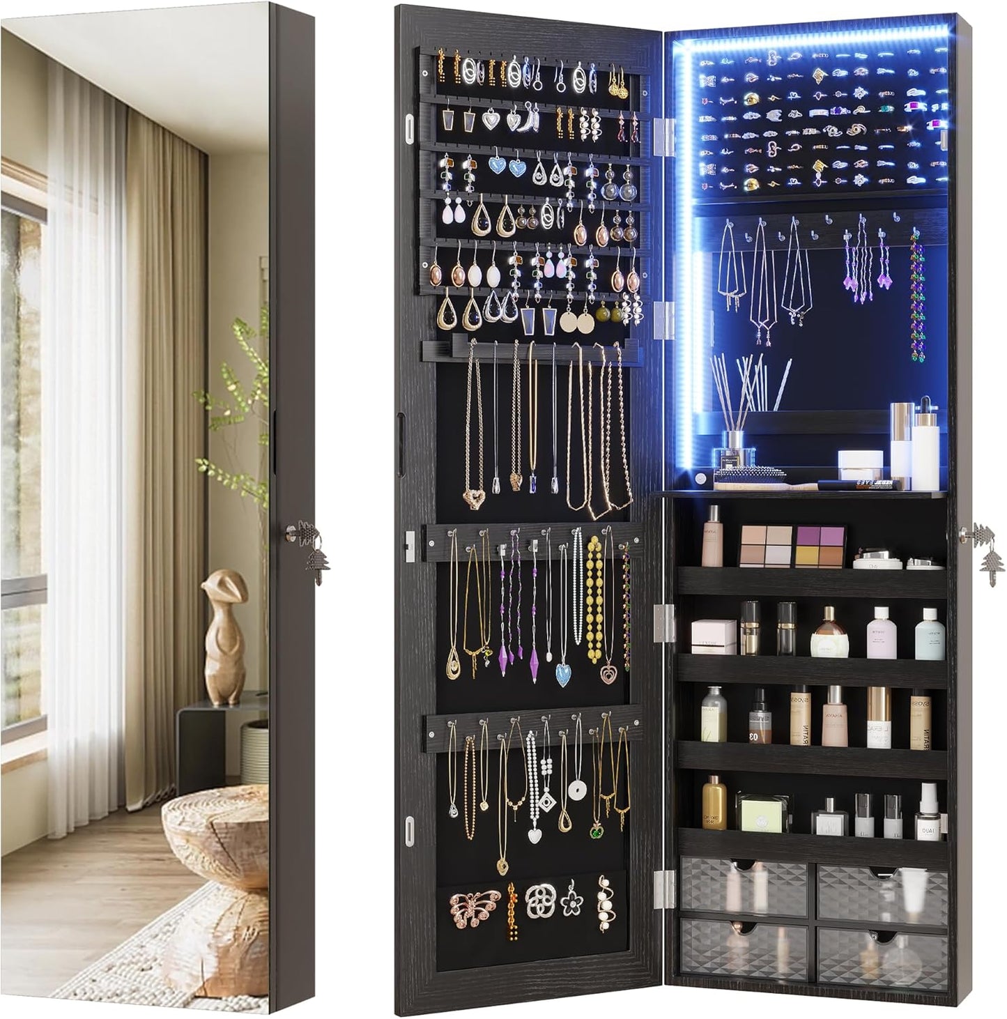 Vlsrka 47.2" LED Jewelry Mirror Cabinet, Wall/Door Mounted Jewelry Armoire Organizer with Full Length Mirror, Large Storage Hanging Cabinet, 4 Drawers, 5 Shelves, Built-in Lighted Mirror (White)