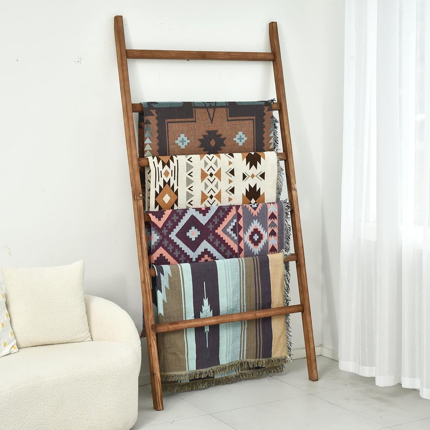 FUIN Extra Wide 6.4ft Wooden Blanket Ladder Living Room Decorative Wal Leaning Farmhouse Quilt Display Holder Rustic Wood Towel Rack for Bathroom, Brown, 38 inch Wide