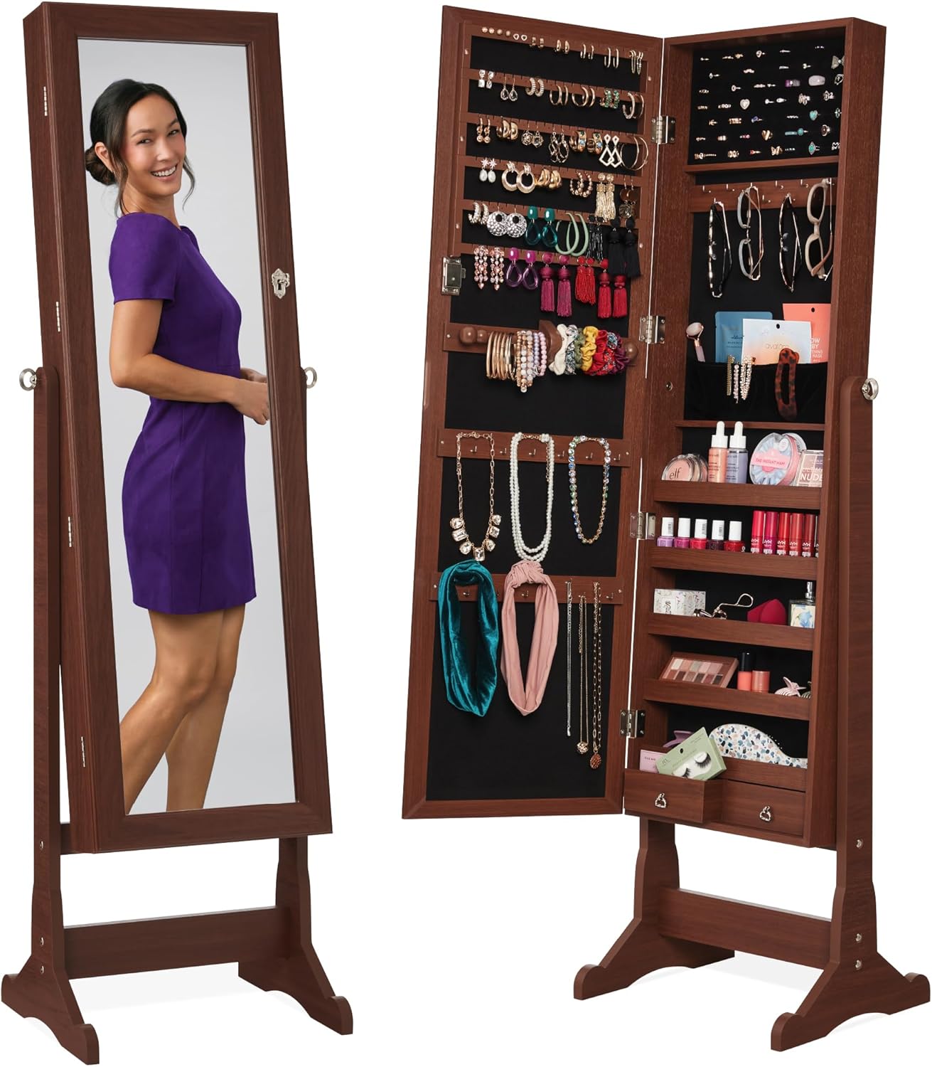 Best Choice Products Freestanding Jewelry Armoire Cabinet, Full Length Standing Mirror, Lockable Makeup Storage Organizer, w/Velvet Lining, 3 Angles, Lock, Accessory Pouch, 5 Shelves - White