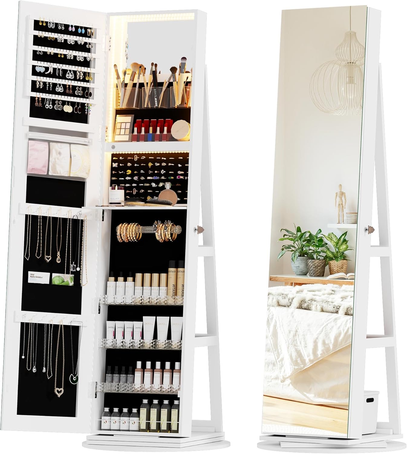 Full-Length Mirror Jewelry Cabinet with LED Lights, Lockable Jewelry Organizer with Mirror, 360° Swivel Wooden Jewelry Armoire, Standing Organizer for Women and Girls