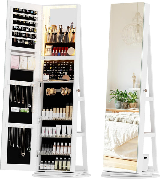 Full-Length Mirror Jewelry Cabinet with LED Lights, Lockable Jewelry Organizer with Mirror, 360° Swivel Wooden Jewelry Armoire, Standing Organizer for Women and Girls