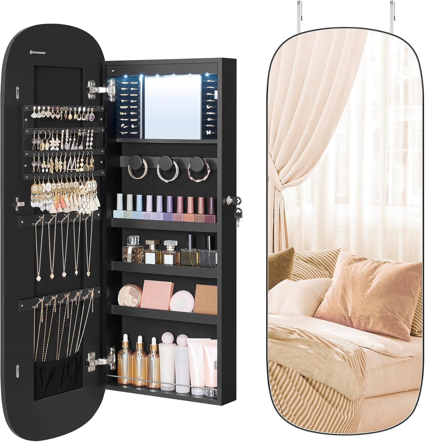 SONGMICS Jewelry Organizer, LED Jewelry Cabinet Wall/Door Mounted, Lockable Rounded Wide Mirror with Storage, Interior Mirror, 3.9 x 16.5 x 42.5 Inches, White Surface with Greige Lining