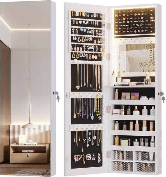 Vlsrka 47.2" LED Jewelry Mirror Cabinet, Wall/Door Mounted Jewelry Armoire Organizer with Full Length Mirror, Large Storage Hanging Cabinet, 4 Drawers, 5 Shelves, Built-in Lighted Mirror (White)