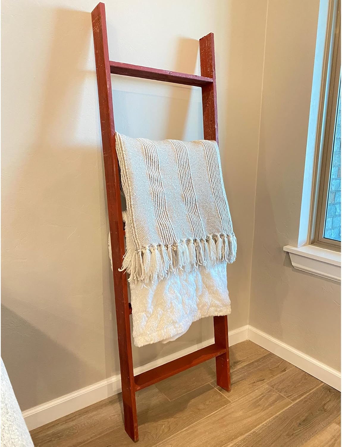 BARNWOODUSA Throw Blanket Ladder – Fully Assembled Reclaimed Wood – Rustic Decorative Ladder for Towels, Quilts– Perfect Farmhouse Decor for Bathroom, Porch, or Living Room,5' x 18" Weathered Gray