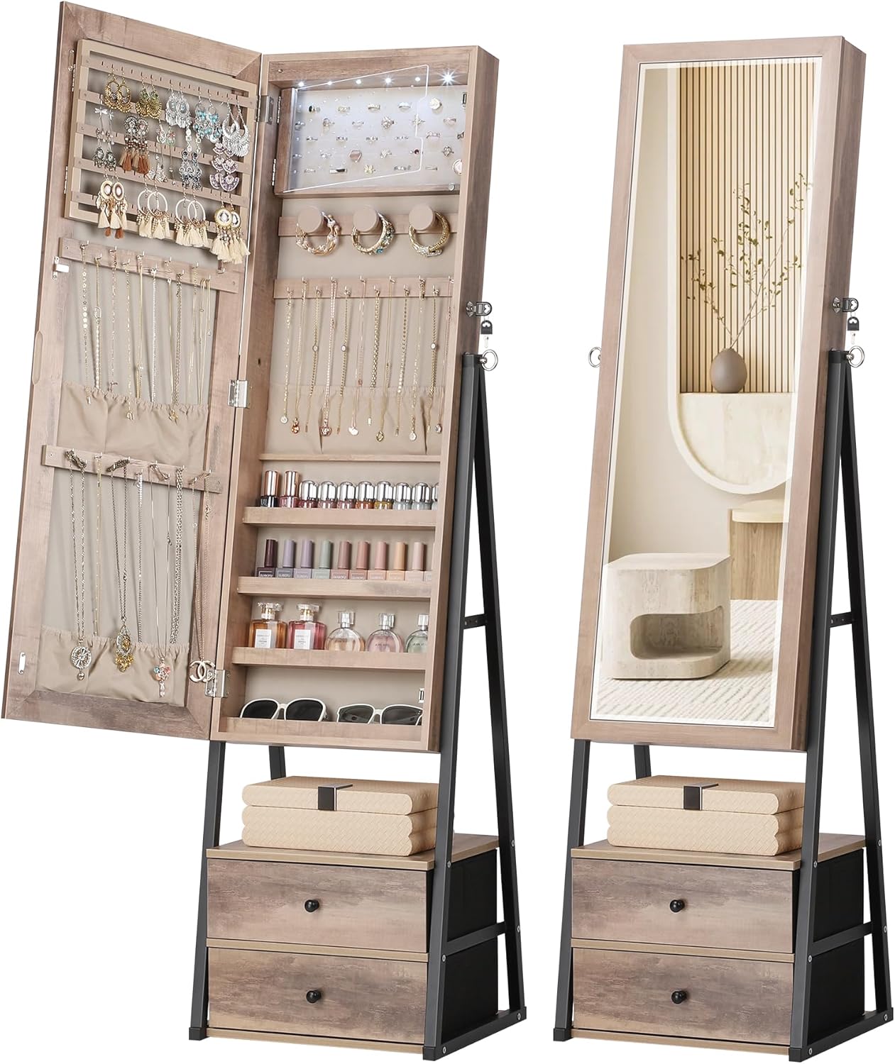 Nicetree LED Jewelry Cabinet Armoire with 2 Drawers, Lockable Standing Mirror Jewelry Cabinet, Full Length Mirror with Jewelry Storage, Christmas Gifts, White