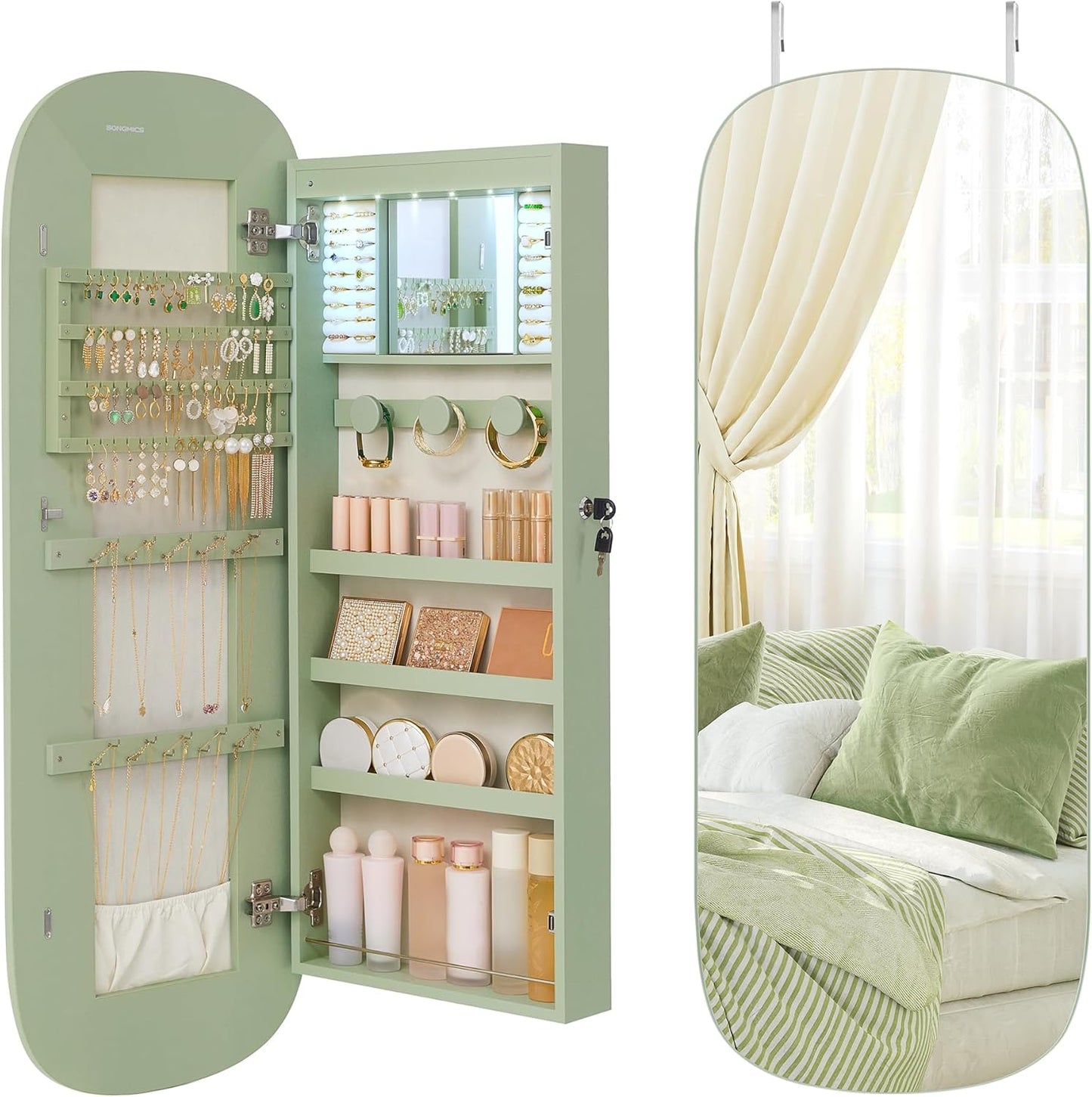 SONGMICS Jewelry Organizer, LED Jewelry Cabinet Wall/Door Mounted, Lockable Rounded Wide Mirror with Storage, Interior Mirror, 3.9 x 16.5 x 42.5 Inches, White Surface with Greige Lining