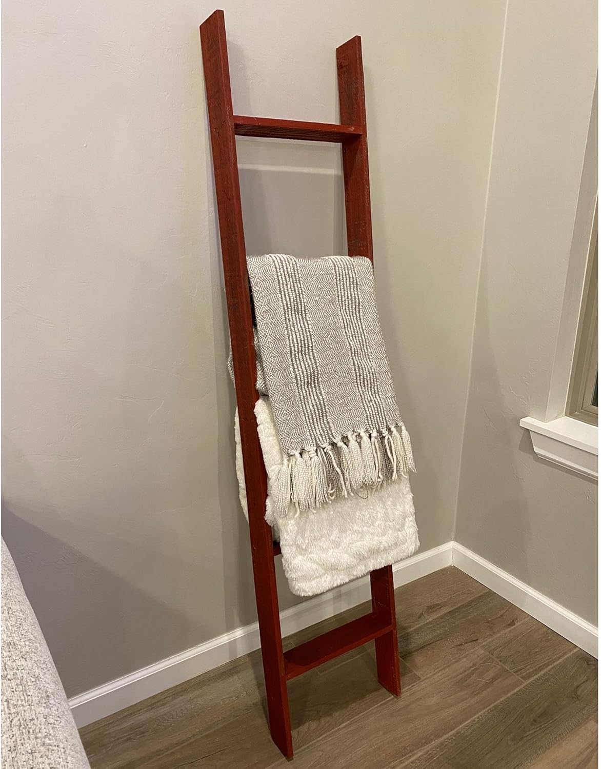 BARNWOODUSA Throw Blanket Ladder – Fully Assembled Reclaimed Wood – Rustic Decorative Ladder for Towels, Quilts– Perfect Farmhouse Decor for Bathroom, Porch, or Living Room,5' x 18" Weathered Gray