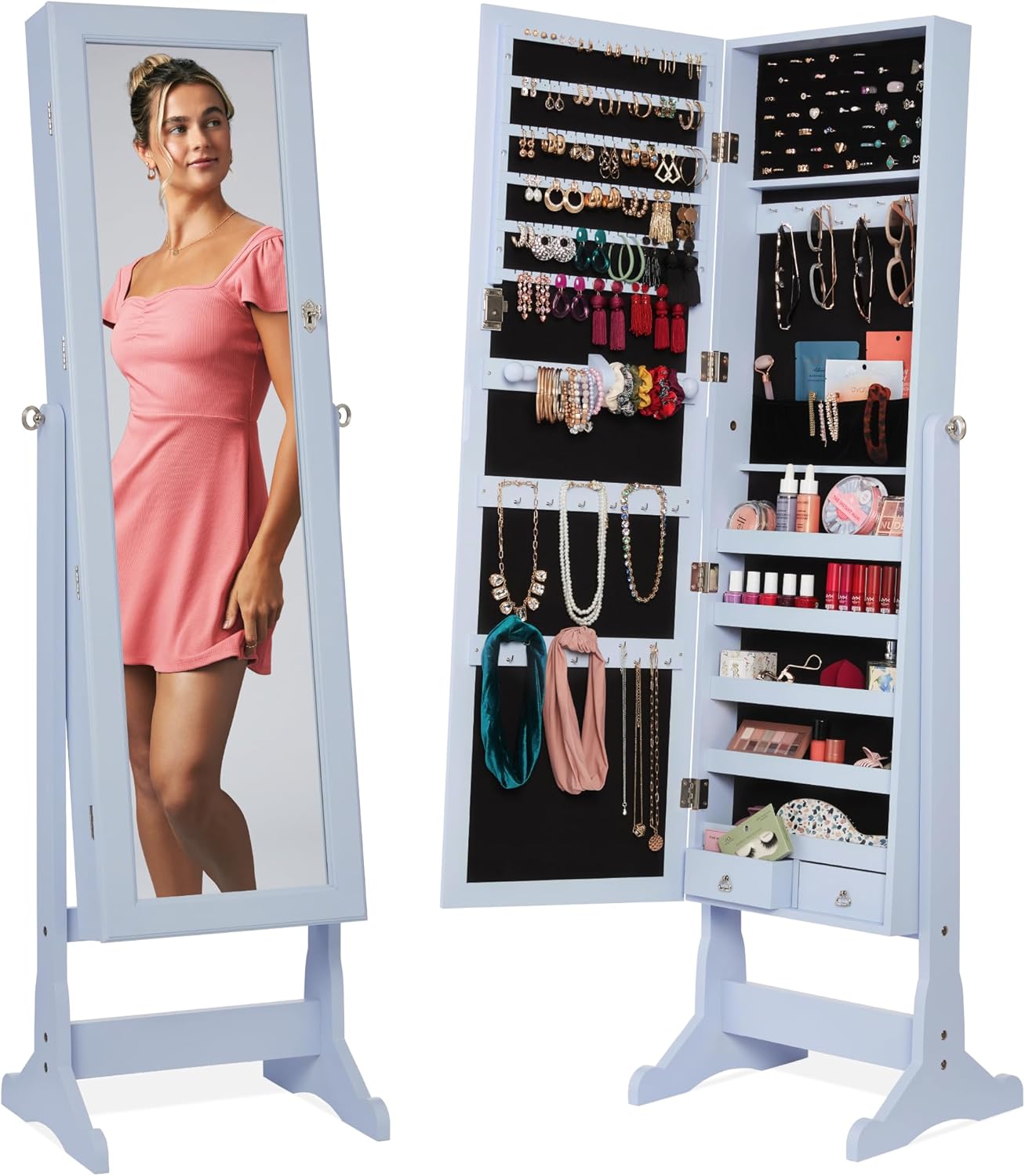 Best Choice Products Freestanding Jewelry Armoire Cabinet, Full Length Standing Mirror, Lockable Makeup Storage Organizer, w/Velvet Lining, 3 Angles, Lock, Accessory Pouch, 5 Shelves - White