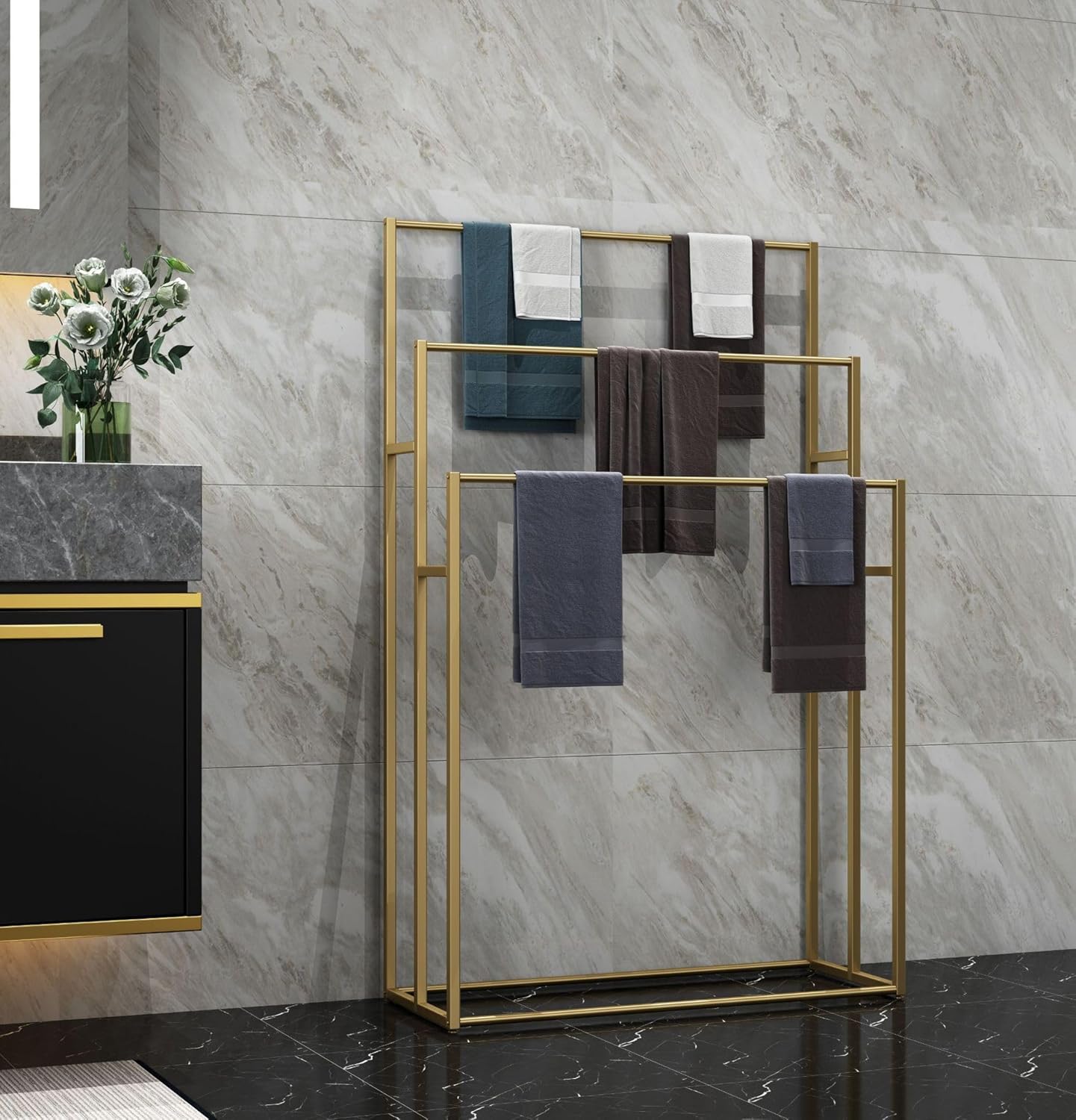Large Size Standing Towel Racks for Bathroom, Freestanding 3 Tiers Modern Blanket Rack for Living Room, Metal Towel Ladder (Golden)