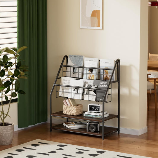 VECELO Magazine Rack FloorStanding,Magazine Display Stand Brochures Newspaper Holders,with 2 Shelves Board for Office,Library,Exhibition Hall,Hospital Indoor&Outdoor,Grey