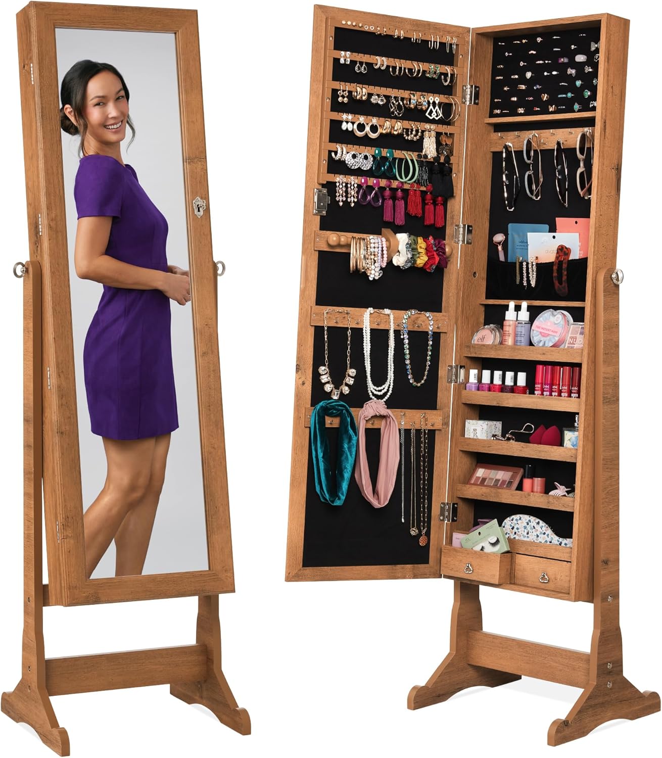Best Choice Products Freestanding Jewelry Armoire Cabinet, Full Length Standing Mirror, Lockable Makeup Storage Organizer, w/Velvet Lining, 3 Angles, Lock, Accessory Pouch, 5 Shelves - White